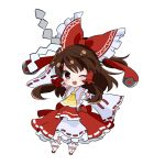  1girl ;d arm_up ascot bow brown_eyes brown_hair chibi detached_sleeves frilled_bow frilled_skirt frills full_body gohei hair_bow hair_tubes hakurei_reimu nonoko_(capsule-nnk) one_eye_closed open_mouth ponytail red_bow red_cross ribbon_trim sidelocks skirt smile solo touhou transparent_background white_legwear white_skirt wide_sleeves 