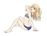  1girl arched_back arm_support arm_up ass barefoot bikini blonde_hair butt_crack feet green_eyes hiroyuki idolmaster idolmaster_cinderella_girls jougasaki_rika leaning_back looking_back midriff one_eye_closed open_mouth revision smile solo swimsuit toes two_side_up white_background 