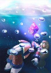  1girl air_bubble blue_dress brown_hair bubble crystal dress full_body highres iris_(mega_man) long_hair mega_man_(series) mega_man_x4 mega_man_x_(series) red_dress solo soul_rokkuman underwater 