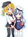  2girls anchor black_legwear blonde_hair blush book child eyebrows eyebrows_visible_through_hair glasses hair_ornament hand_holding hat heart hibiki_(kantai_collection) holding i-8_(kantai_collection) kantai_collection long_hair looking_at_viewer multiple_girls navel one_piece_swimsuit p3_(co2_3p) sailor_uniform shiny shiny_hair simple_background skirt smile standing swimsuit thigh-highs uniform white_background white_legwear 