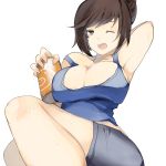  1girl arm_up armpits artist_request bare_shoulders breasts brown_eyes brown_hair cleavage large_breasts mei_(overwatch) one_eye_closed open_mouth overwatch ponytail short_hair sitting solo sweat sweating 