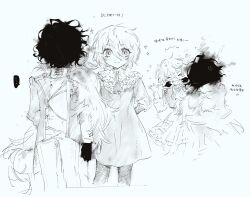  >_< 2girls blush closed_mouth cowboy_shot crossover don_quixote_(project_moon) dual_persona fangs greyscale highres limbus_company long_sleeves meijiichigo monochrome multiple_girls neck_tassel open_mouth project_moon sancho_(project_moon) shadow_(shadows_house) shadows_house smile smoke soot translation_request 