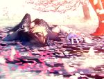  1girl artist_name bayonetta bayonetta_(character) bayonetta_2 beauty_mark black_hair cherry_blossoms earrings glasses gloves kara_ikuko lying mole mole_under_mouth outdoors solo water 