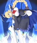  blazblue blazblue:_central_fiction blonde_hair blue_eyes braid breasts es_(xblaze_code:_embryo) large_breasts long_hair single_braid sword tukky twintails very_long_hair weapon 