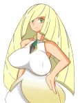  10s 1girl artist_request bare_shoulders blonde_hair breasts erect_nipples green_eyes hair_over_one_eye hand_on_hip huge large_breasts long_hair looking_at_viewer lusamine_(pokemon) pokemon pokemon_(game) pokemon_sm sleeveless solo very_long_hair 