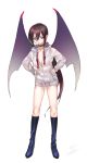  00s 1girl androgynous bat_wings boots bottomless breasts brown_hair choker earring full_body hand_on_hips hoodie lady_bat long_hair mermaid_melody_pichi_pichi_pitch parted_lips piercing ponytail simple_background slit_pupils small_breasts solo very_long_hair violet_eyes white_background wings wntame 