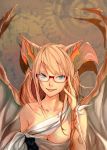  1girl :p adjusting_glasses bespectacled blonde_hair blue_eyes breasts cleavage collarbone desuko dragon_girl dragon_horns dragon_wings dress gears glasses horns large_breasts long_hair myr_(p&amp;d) puzzle_&amp;_dragons red-framed_eyewear scales semi-rimless_glasses shadow solo tongue tongue_out under-rim_glasses white_dress wings 