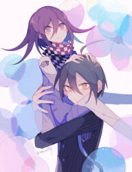  2boys ahoge arm_belt black_hair black_jacket blush buttons carrying carrying_person checkered_clothes checkered_scarf closed_mouth commentary_request danganronpa_(series) danganronpa_v3:_killing_harmony eyelashes flipped_hair hair_between_eyes hands_on_another's_head jacket long_sleeves looking_at_viewer male_focus medium_hair multiple_boys oma_kokichi pants pinstripe_jacket pinstripe_pattern purple_hair saihara_shuichi sakura_(fein5862817) scarf short_hair simple_background smile striped_clothes striped_jacket too_many_balloons twitter_username two-tone_scarf vertical-striped_sleeves violet_eyes yellow_eyes 