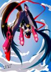  1girl artist_name bayonetta bayonetta_(character) black_hair blue_eyes earrings eyeshadow full_body gun high_heels kara_ikuko makeup parted_lips sky smile solo weapon 