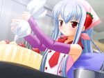  1girl blue_hair blush clothes cooking food game_cg long_hair oshikake!_entremets_(game) red_eyes solo 