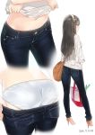  1girl alternate_costume ama_mitsuki artist_name ass bag black_hair casual commentary dated denim haruna_(kantai_collection) headgear high_heels jeans kantai_collection long_hair navel panties pants shopping_bag simple_background solo spring_onion underwear undressing white_background white_panties 