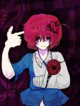  1girl abstract_background arm_sling bandaged_arm english finger_gun hair_ornament heart_hair_ornament komeiji_satori pointing pointing_at_self purple_background red_eyes redhead solo tabazi third_eye touhou unhappy 