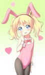  1girl animal_ears black_legwear blonde_hair blue_eyes blush bow bunny_tail gradient gradient_background heart looking_at_viewer open_mouth pantyhose pink_bow rabbit_ears red_bow short_twintails solo tail twintails 