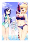  3girls aqua_hair arm_up banpresto bare_shoulders bikini black_hair blonde_hair blue_hair breasts cleavage clouds coat collarbone earrings feet glacies glasses hat jacket jewelry legs long_hair multiple_girls navel ocean one-piece_swimsuit open_mouth ponytail red_eyes sally_emil sandals sea sky smile sun_hat super_robot_wars super_robot_wars_original_generation swimsuit thigh_gap thighs very_long_hair violet_eyes water water_gun white_bikini white_swimsuit wink yellow_eyes yon_gebana 