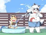  1boy 1girl ^_^ artist_request blush blush_stickers cat closed_eyes clouds fox furry green_eyes happy open_mouth outdoors sky smile swimsuit wading_pool white_hair 
