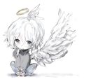  1girl :o angel angel_wings bangs black_scarf blue_pants cottontailtokki feathered_wings grey_eyes grey_shirt hair_between_eyes halo head_wings highres long_hair looking_at_viewer original pants parted_lips scarf shirt silver_hair single_head_wing single_wing sitting solo white_background white_wings wings 