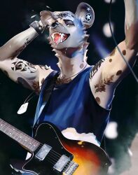  1boy animal_crossing armpit_hair armpits arms_up blue_tank_top bounsies bracelet brown_eyes cable chest_hair dog_tags electric_guitar fangs furry furry_male guitar highres hyena hyena_boy instrument jewelry kyle_(animal_crossing) looking_to_the_side male_focus saliva sharp_teeth sideways_glance slit_pupils solo spiked_bracelet spikes standing star_(symbol) tank_top teeth tongue tongue_out 