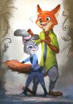    andref_kanzaki blue_eyes fox full_body furry green_eyes judy_hopps kemono looking_at_another nick_wilde outdoors police police_uniform rabbit standing uniform violet_eyes zootopia 