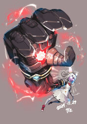  152_in_can 1girl absurdres bare_shoulders breasts daedalus_(fate) dated doll_joints dress electricity expressionless fate/grand_order fate_(series) full_body gauntlets gears glowing glowing_eyes grey_background hair_between_eyes highres joints light_bulb long_hair mechanical_arms naucrate_(fate) robot_girl simple_background single_gauntlet sleeveless solo thigh-highs white_dress white_hair 