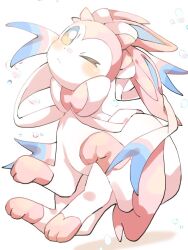  animal_focus blue_eyes blush bow bubble closed_mouth hp7car7nxrq5s7q no_humans one_eye_closed pokemon pokemon_(creature) prehensile_ribbon ribbon solo sylveon tail 