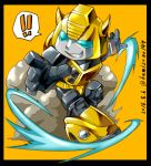  !! 1boy 80s autobot bumblebee glowing glowing_eyes green_eyes insignia kamizono_(spookyhouse) machine machinery mecha no_humans oldschool pointing pointing_at_viewer robot smile solo transformers twitter_username 