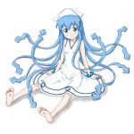  1girl arm_support bare_shoulders barefoot blue_eyes blue_hair bracelet collarbone dress feet hat ikamusume jewelry long_hair shinryaku!_ikamusume sitting smile soles solo souji_kurokawa tentacle_hair toes white_dress white_hat 