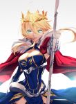  1girl artoria_pendragon_lancer_(fate/grand_order) blonde_hair blue_eyes breasts cape cleavage_cutout cowboy_shot fate/grand_order fate_(series) fur-trimmed_cape highres lance large_breasts long_hair polearm ro96cu smirk solo thighs weapon white_background 