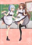  2girls :d apron blue_hair brown_hair chalkboard green_eyes haru_to_neru_(act_partner) indoors long_hair maid maid_headdress multiple_girls open_mouth signpost smile socks standing standing_on_one_leg thigh-highs tray 