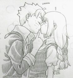  ! 1boy 1girl ariamikukanzaki boruto:_two_blue_vortex braid closed_eyes commentary facial_mark finger_to_mouth graphite_(medium) greyscale hatching_(texture) hetero highres jacket kakei_sumire low_twin_braids monochrome naruto_(series) puffy_short_sleeves puffy_sleeves scar scar_across_eye scar_on_face short_sleeves shushing traditional_media twin_braids twitter_username uzumaki_boruto whisker_markings 