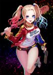  1girl baseball_bat batman_(series) boots breasts dc_comics harley_quinn high_heel_boots high_heels jacket makeup multicolored_hair shorts smile solo suicide_squad tongue twintails 