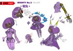  1girl bra breasts character_sheet claws concept_art dark_skin female flat_color mighty_no._3 mighty_no._9 panties purple_hair red_eyes robot robot_girl solo translation_request underwear white_background 