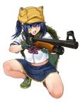  1girl animal_ears bandaid bandaid_on_face blonde_hair blue_eyes camouflage fake_animal_ears fang full_body gloves gun hair_ornament hairclip hat highres open_mouth pleated_skirt shoes shooting_girl simple_background skirt sneakers solo squatting weapon white_background 