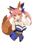  1girl akitetsu animal_ears bad_id bad_twitter_id bare_shoulders bow breasts cleavage fate/extra fate/grand_order fate_(series) fox_ears fox_tail hair_bow hair_ribbon highres japanese_clothes large_breasts long_hair looking_at_viewer pink_hair ribbon smile solo tail tamamo_(fate)_(all) tamamo_no_mae_(fate) white_background yellow_eyes 