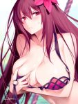  1girl blush breasts cleavage fate/grand_order fate_(series) flower gae_bolg hair_flower hair_ornament holding holding_weapon kousaki_rui large_breasts long_hair looking_at_viewer purple_hair red_eyes scathach_(fate/grand_order) solo sweatdrop violet_eyes wardrobe_malfunction weapon 