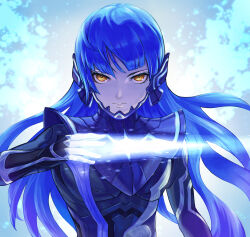  1boy absurdres androgynous arm_at_side armor armored_bodysuit asymmetrical_hair beam_saber black_bodysuit black_gloves blue_bodysuit blue_hair bodysuit closed_mouth comma03 commentary_request crossed_bangs expressionless eyelashes gloves hair_between_eyes highres long_hair looking_at_viewer male_focus protagonist_(smtv) shin_megami_tensei shin_megami_tensei_v solo upper_body yellow_eyes 