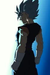  1boy blue_background blue_eyes blue_hair blue_pants blue_sash blue_shirt clenched_hands cowboy_shot dragon_ball dragon_ball_super earrings from_behind gloves gradient_background highres jewelry kazumax76 male_focus medium_hair muscular muscular_male orange_shirt pants potara_earrings sash shirt solo spiky_hair super_saiyan super_saiyan_blue vegetto white_background white_gloves 