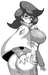  10s 1girl ass big_hair breasts glasses highres large_breasts looking_back monochrome pokemon pokemon_(game) pokemon_sm ribbed_sweater simple_background smile sweater synecdoche turtleneck turtleneck_sweater wicke_(pokemon) 