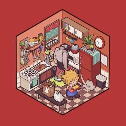  2boys alternate_costume apron bag black_shirt blonde_hair blue_apron blush_stickers brown_footwear brown_hair cabinet calendar_(object) casual checkered_floor chibi chibi_only clock closed_eyes cloud_strife cooking cup curtains cutting_board facing_away final_fantasy final_fantasy_vii food frogccc333 fruit full_body green_footwear grey_hair grocery_bag high_ponytail highres holding holding_sword holding_weapon indoors isometric katana kitchen ladle long_hair male_focus microwave mug multiple_boys oven_mitts paper_bag pear pepper_shaker plant potted_plant red_apron red_background refrigerator rice_cooker salt_shaker sephiroth shirt shopping_bag sink slippers spring_onion stove sweatdrop sword t-shirt trash_can weapon white_shirt window 