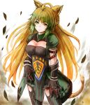  1girl ahoge animal_ears archer_of_red bad_id blonde_hair breasts cleavage_cutout fate/apocrypha fate/grand_order fate_(series) green_eyes green_hair long_hair matching_hair/eyes multicolored_hair pelvic_curtain solo suterisu_japan tail thigh-highs type-moon white_background 