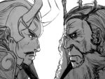  2boys armor beard black_hair coat collar confrontation crown facial_hair fire_emblem fire_emblem_if fur_collar garon_(fire_emblem_if) glaring goatee greyscale horned_headwear horns jimmy_(akakiryuunozimi) looking_at_another monochrome multicolored_hair multiple_boys mustache old_man serious sideburns sumeragi_(fire_emblem_if) traditional_media two-tone_hair white_hair wrinkles 