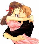  1boy 1girl brown_hair carrying couple dress fruits_basket hair_ribbon honda_tooru hug long_hair orange_hair pink_dress smile souma_kyou 