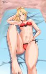  1girl abs beach_towel blonde_hair blush breasts dated fate/apocrypha fate/grand_order fate_(series) feet front-tie_top green_eyes hand_behind_head long_toes lying midriff navel on_back ponytail saber_of_red side-tie_bottom small_breasts solo thighs toes tommukai towel 