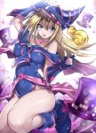  &gt;:d 1girl :d absurdres bare_shoulders bent_knees blonde_hair blue_boots blue_eyes blue_gloves blurry blush blush_stickers boots breasts choker commentary_request dark_magician_girl depth_of_field duel_monster fingerless_gloves gloves hat highres holding holding_staff large_breasts long_hair looking_at_viewer magical_hats maruchi open_mouth pentacle revision smile solo staff thighs wizard_hat yu-gi-oh! yuu-gi-ou_duel_monsters 