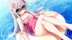  bare_shoulders barefoot blue_eyes breasts casual_one-piece_swimsuit closed_mouth collarbone flower frills frown game_cg glasses hair_flower hair_ornament kawahara_makoto legs_crossed long_hair looking_at_viewer pink_swimsuit rinowahl sitting small_breasts swimsuit taiyou_no_promia taiyou_no_promia_flowering_days very_long_hair water white_hair 