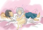  1boy 1girl age_difference barefoot bed brother_and_sister child closed_eyes feet heart holding panties pettan-warlord sleeping smile underwear 