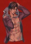  1boy animal brown_hair cat eye_contact glasses gradient_hair looking_at_another male_focus multicolored_hair muscle navel necklace nipples ookurikara open_clothes open_shirt personification red_background redhead simple_background toothbrush touken_ranbu tsurime uosuko upper_body yellow_eyes 