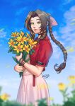  1girl aerith_gainsborough aquaxtic artist_name bangle black_choker blue_sky blurry blurry_foreground bouquet bracelet braid braided_ponytail brown_hair choker cowboy_shot cropped_jacket dress final_fantasy final_fantasy_vii final_fantasy_vii_rebirth final_fantasy_vii_remake flower green_eyes hair_ribbon highres holding holding_bouquet holding_flower jacket jewelry lily_(flower) long_dress long_hair looking_at_viewer outdoors parted_bangs parted_lips pink_dress pink_ribbon red_jacket ribbon short_sleeves sidelocks single_braid sky solo standing wavy_hair yellow_flower 