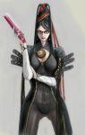  1girl a_ichiro bayonetta bayonetta_(character) beehive_hairdo black_hair earrings glasses gloves gun jewelry lipstick looking_at_viewer makeup mole pendant ribbon standing very_long_hair weapon 