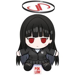  1girl absurdres black_hair black_suit blue_archive character_doll doll fumo_(doll) hair_ornament highres long_hair poklow red_eyes rio_(blue_archive) suit very_long_hair 