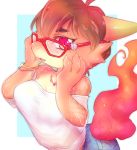  1girl artist_request breasts brown_hair dragon female furry glasses open_mouth red_eyes solo upper_body 